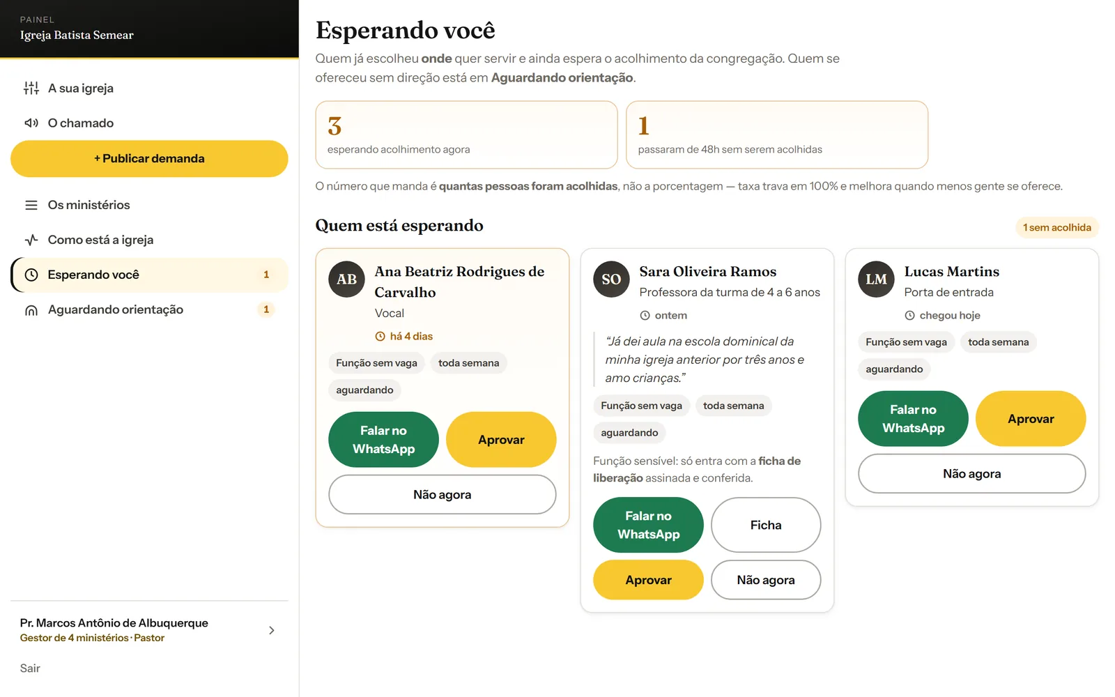Três pessoas que se ofereceram para servir, há quanto tempo cada uma espera, e uma que passou de dois dias sem acolhida.
